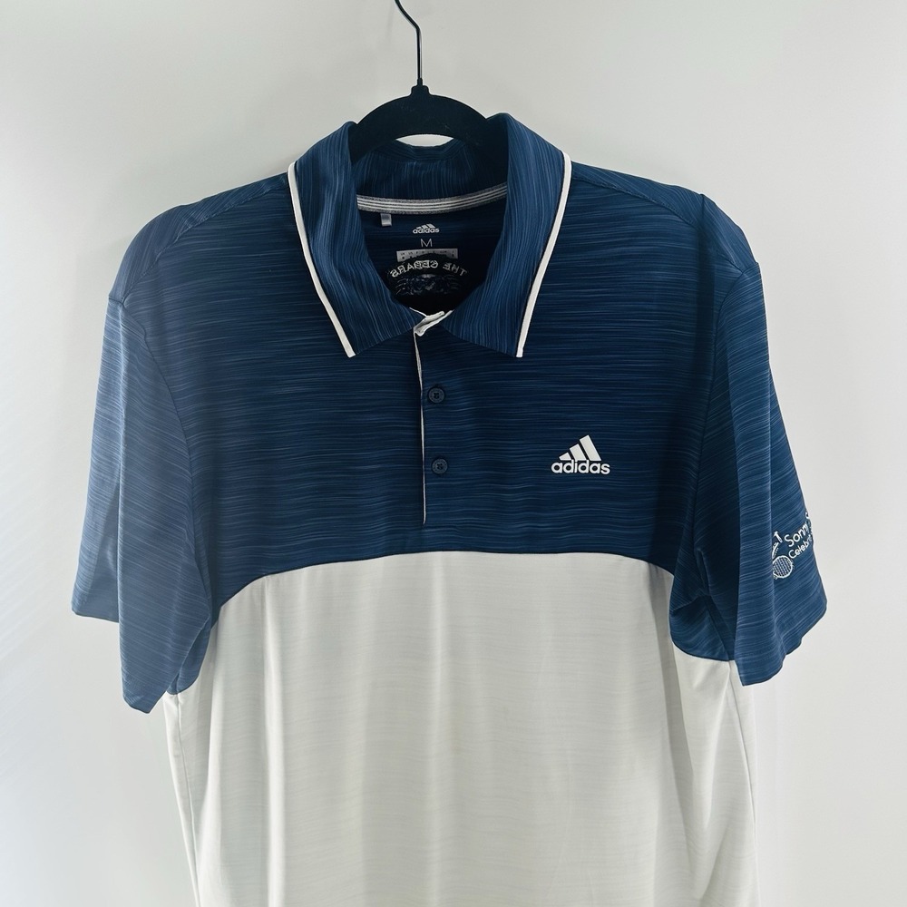Adidas Polo Shirt Blue White Logo Short‎ Sleeve Stretch Outdoor Size Medium